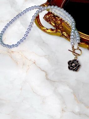 Enamel Camellia Necklace Gold Tone with  Front Toggle Charm & Faux Pearls Beads